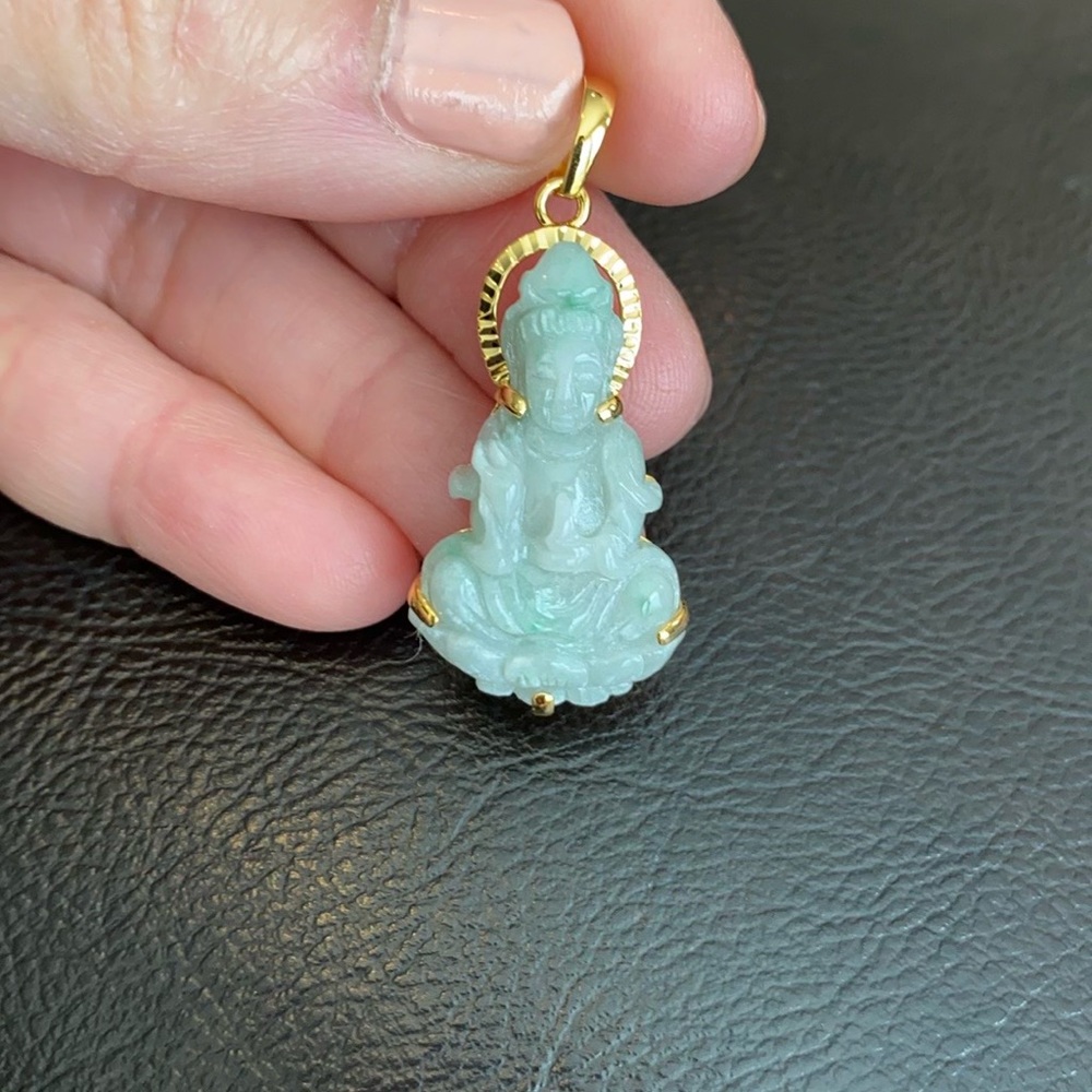 14K Solid Gold Kwan Yin Guanyin Female Buddha Natural Jadeite Jade Pendant - Picture 1 of 8